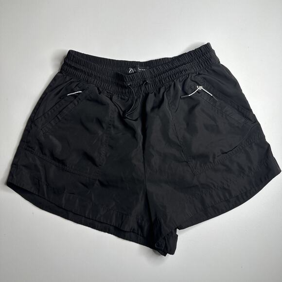 Zara Water Repellent Athletic High Waist Shorts Black Pocket Drawstring M - Picture 1 of 10